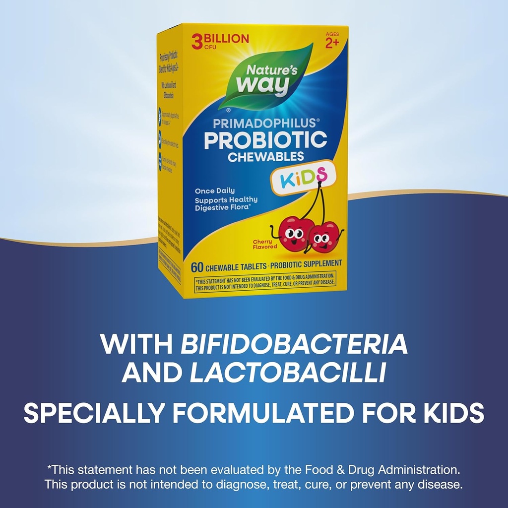 Nature's Way Primadophilus Probiotic Chewables for Kids, Supports Healthy Digestive Flora*, for Kids Ages 2+, 3 Billion CFU, 60 Cherry Flavored Chewables (Packaging May Vary) 6