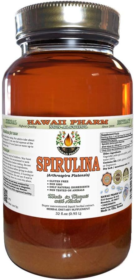 Spirulina Alcohol-Free Liquid Extract, Organic Spirulina (Arthrospira platensis) Dried Algae Glycerite Natural Herbal Supplement, Hawaii Pharm, USA 32 fl.oz 2