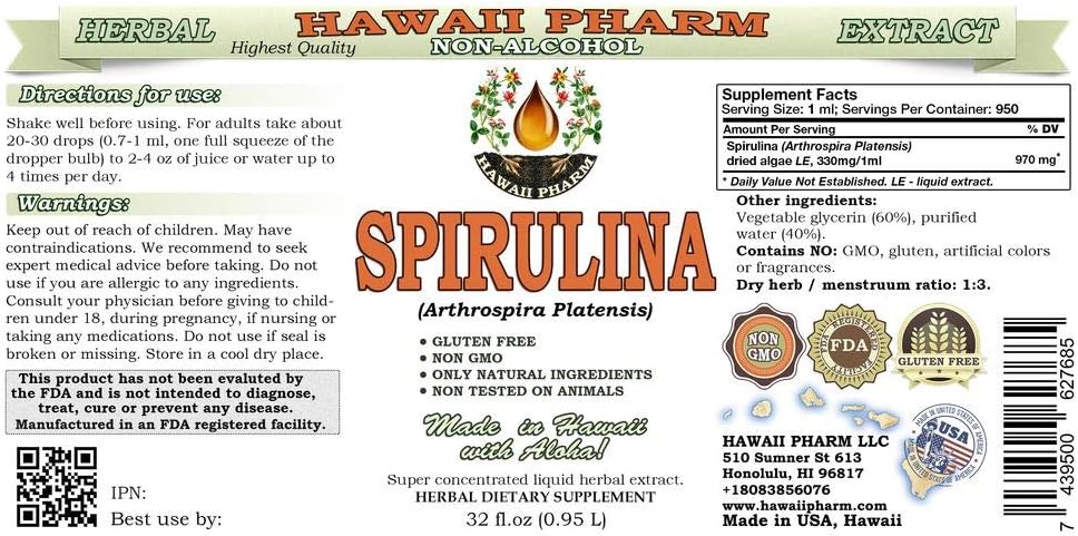 Spirulina Alcohol-Free Liquid Extract, Organic Spirulina (Arthrospira platensis) Dried Algae Glycerite Natural Herbal Supplement, Hawaii Pharm, USA 32 fl.oz 3