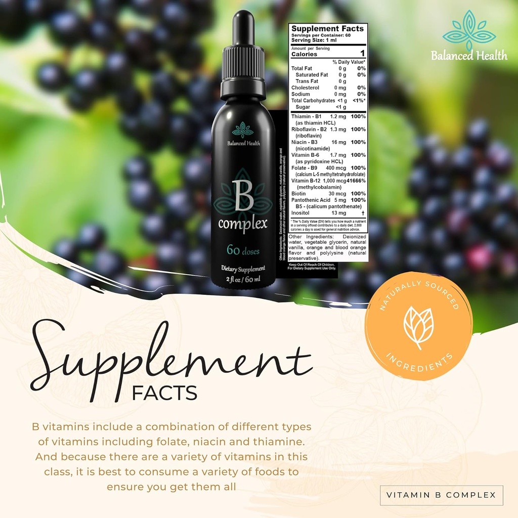 Vitamin B-Complex Drops, 2oz, 60 Doses, All 8 B-Vitamins, Immune Energy Support Supplement Non GMO Vegetarian Safe 6