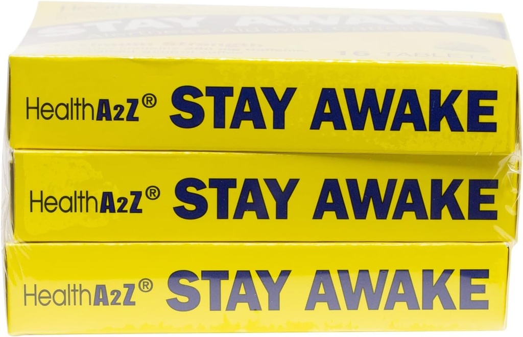 HealthA2Z® Stay Awake | 200 mg Caffeine | Alertness Aid with Caffeine | 3 Packs of 16 Tabelts (48 Tablets Total) | Maxium Strength 6