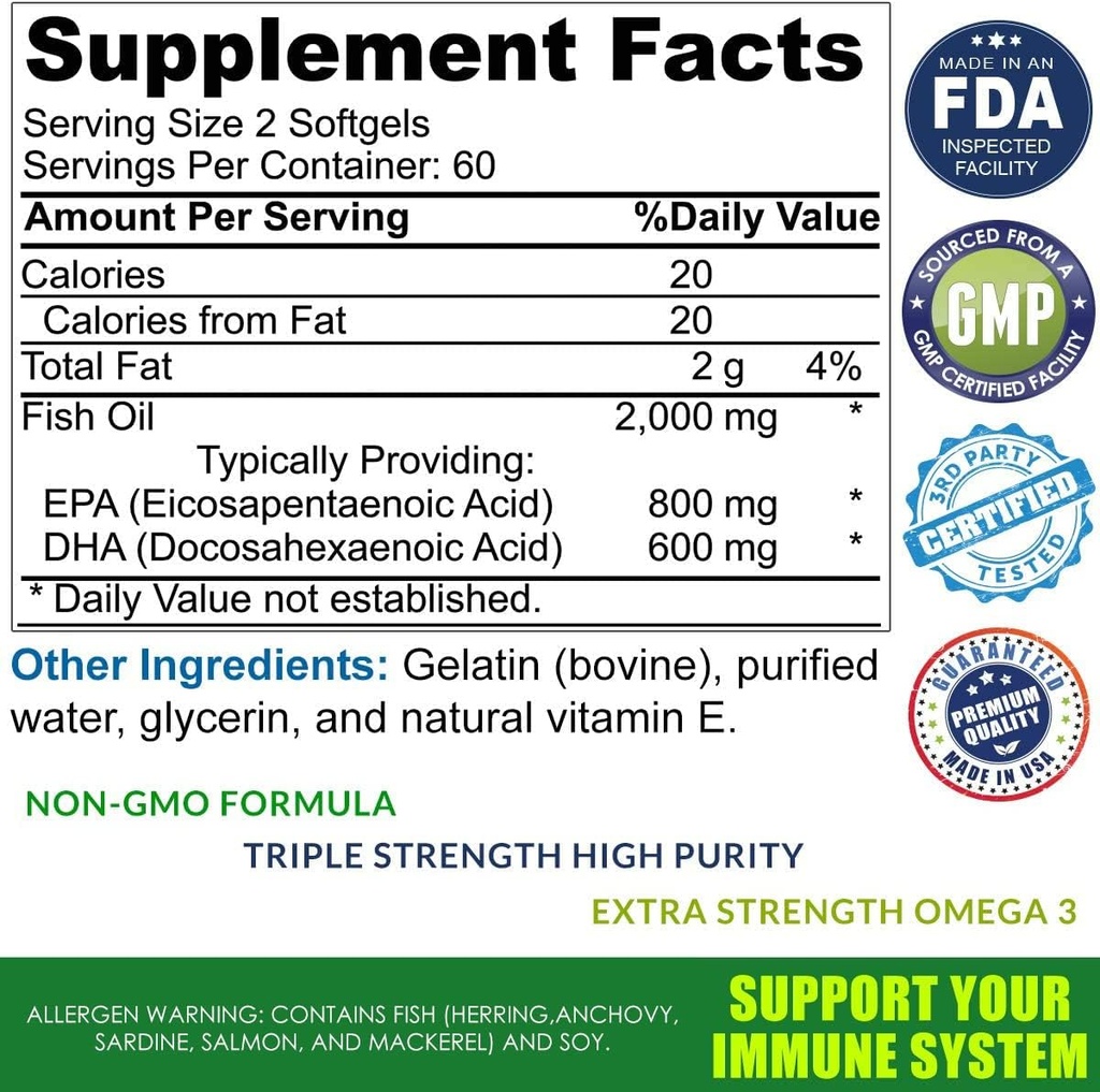 Omega 3 Fish Oil Supplement – 2000mg with EPA DHA & Vitamin E – Burpless, Triple Strength Support for Men & Women – 120 Easy Swallow Softgels 4