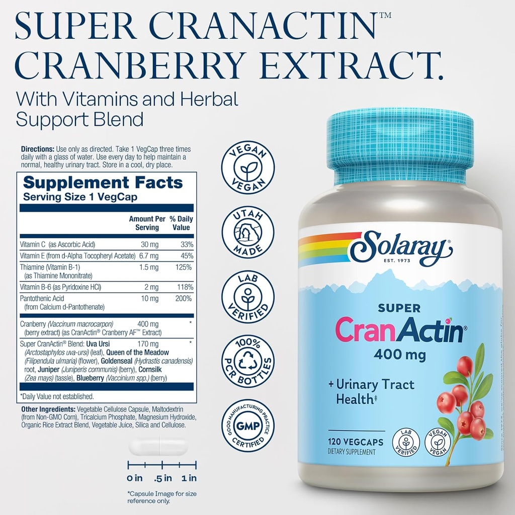 SOLARAY Super CranActin Cranberry Extract 400mg Healthy Urinary Tract Support with Added Vitamins 3