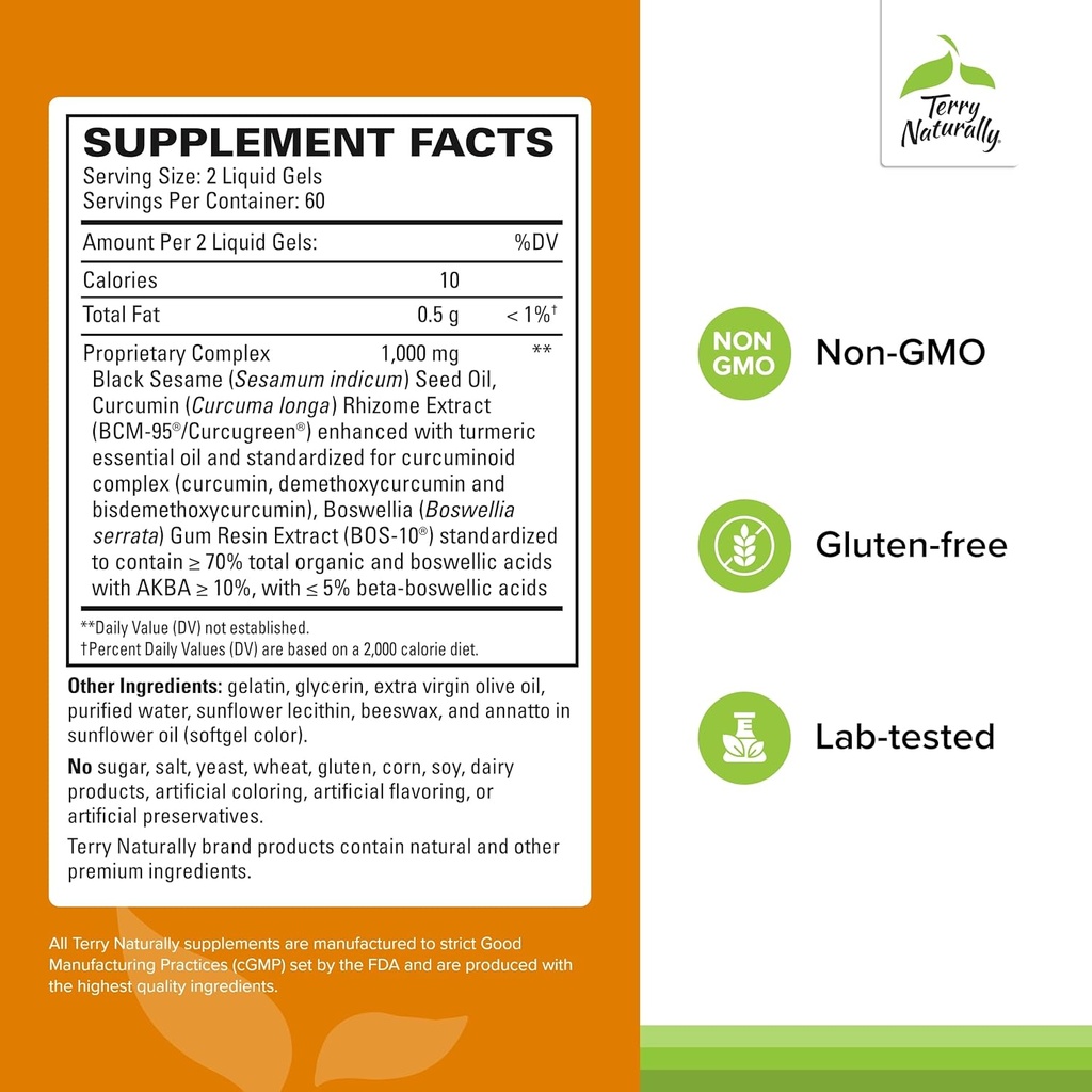 Terry Naturally CuraMed Acute Pain Relief - Supplement with BCM-95 Curcumin & BOS-10 Boswellia - Black Sesame Seed Oil to Support Relief of Occasional Discomfort - 120 Liquid Gels 3