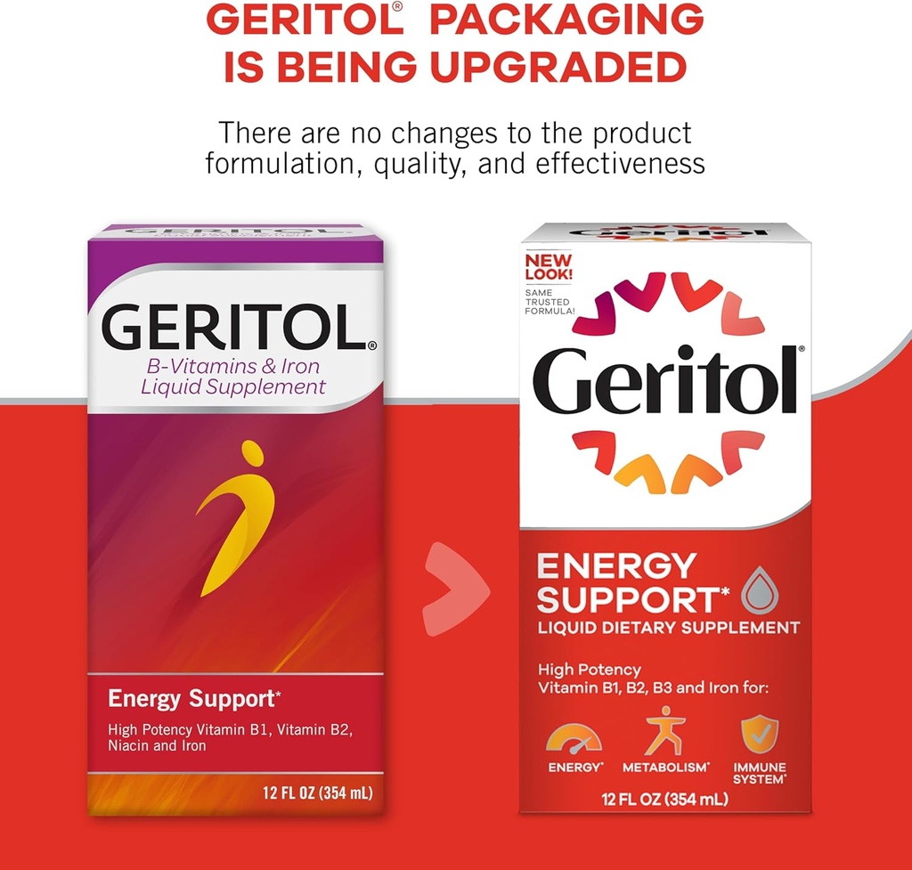 Geritol Liquid Vitamin and Iron Supplement, Energy Support, Contains High Potency B-Vitamins and Iron, Pleasant Tasting, Easy to Swallow, No Artificial Sweeteners, Non-GMO, 12 Oz, 3 Pack 6