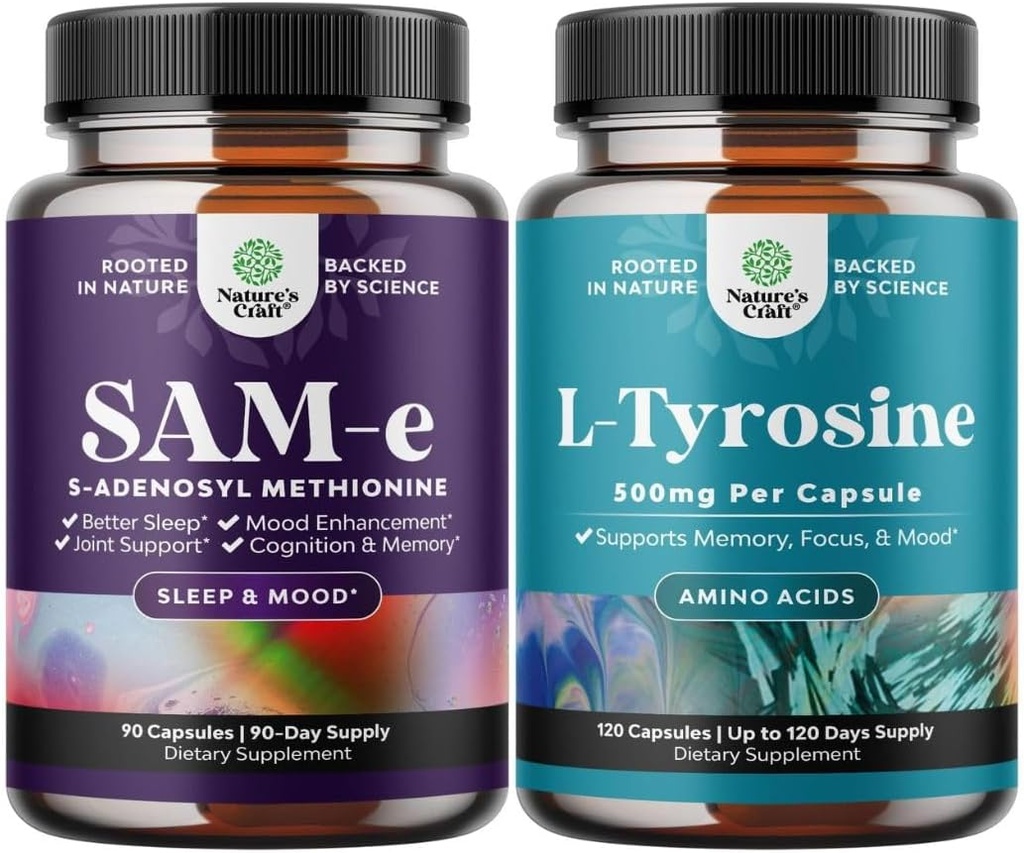 Bundle of Pure SAM E Supplement 150mg - Nootropic Same 150mg Per Serving for Memory & Brain Support and Free Form L Tyrosine 500mg for Mental Energy & Focus Support - Amino Acid Nootropic Supplement 2