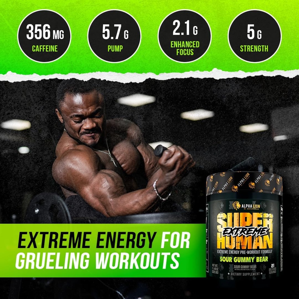 ALPHA LION Superhuman Extreme High Stim Pre Workout Powder, Beta Alanine, L-Taurine & 356mg Tri-Source Caffeine for Sustained Energy, Nitric Oxide & Citrulline for Pump (21 Servings, Sour Gummy Bear) 3