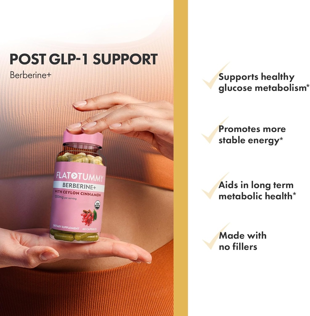 Flat Tummy Berberine Plus Supplement, 1200mg Berberine Per Serving, Post GLP-1 Berberine Supplement, Organic Berberine with Ceylon Cinnamon, 4:1 Potency – 60 Capsules 5