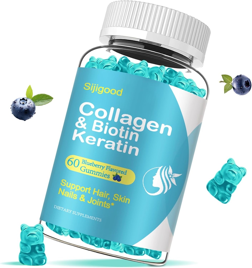 Biotin Gummies with Collagen, Keratin, Hyaluronic Acid, Vitamin for Skin, Hair Growth, Nails, Women Men Adults Kids - 60 Blueberry Flavored Gummies 2