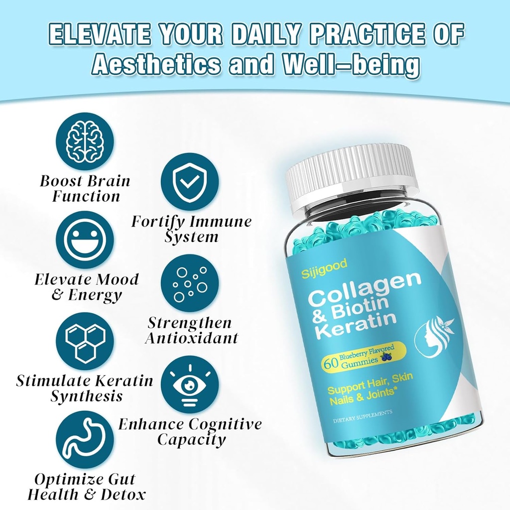 Biotin Gummies with Collagen, Keratin, Hyaluronic Acid, Vitamin for Skin, Hair Growth, Nails, Women Men Adults Kids - 60 Blueberry Flavored Gummies 5