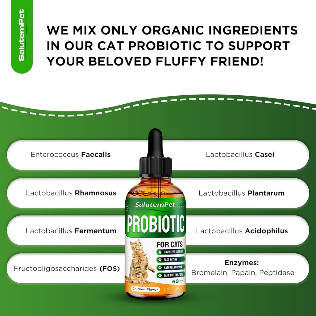 Probiotics for Cats for Digestive Support – Cat Probiotics for Indoor Cats Help with Colic, Upset Stomachs, Diarrhea, Gas, and Bloating – Prebiotics + Pleasant Chicken Flavor Inside – 2 Oz 4