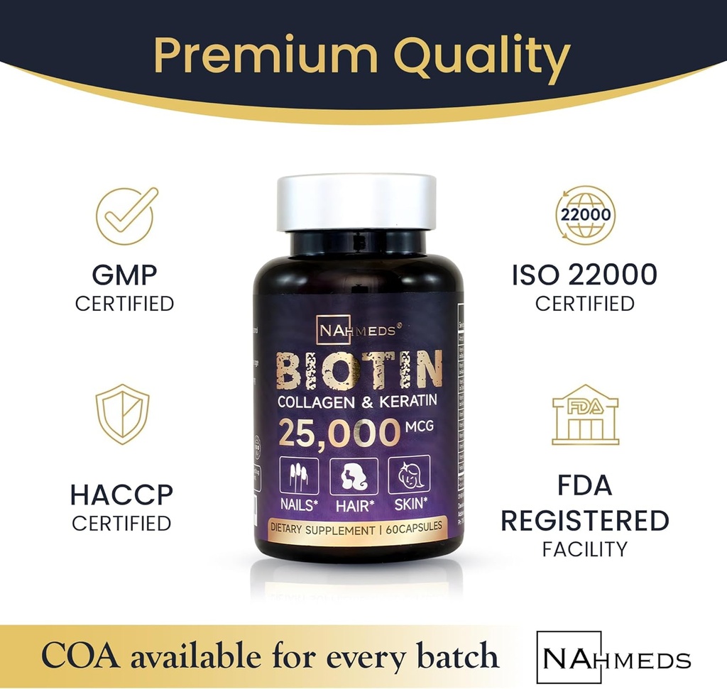 Biotin + Beauty Blend – 25,000 mcg Complex with Collagen, Keratin, MSM – Hair, Skin & Nail Support – Gluten-Free – GMP, ISO 22000, HACCP Certified – COA Available – 60 Capsules 5