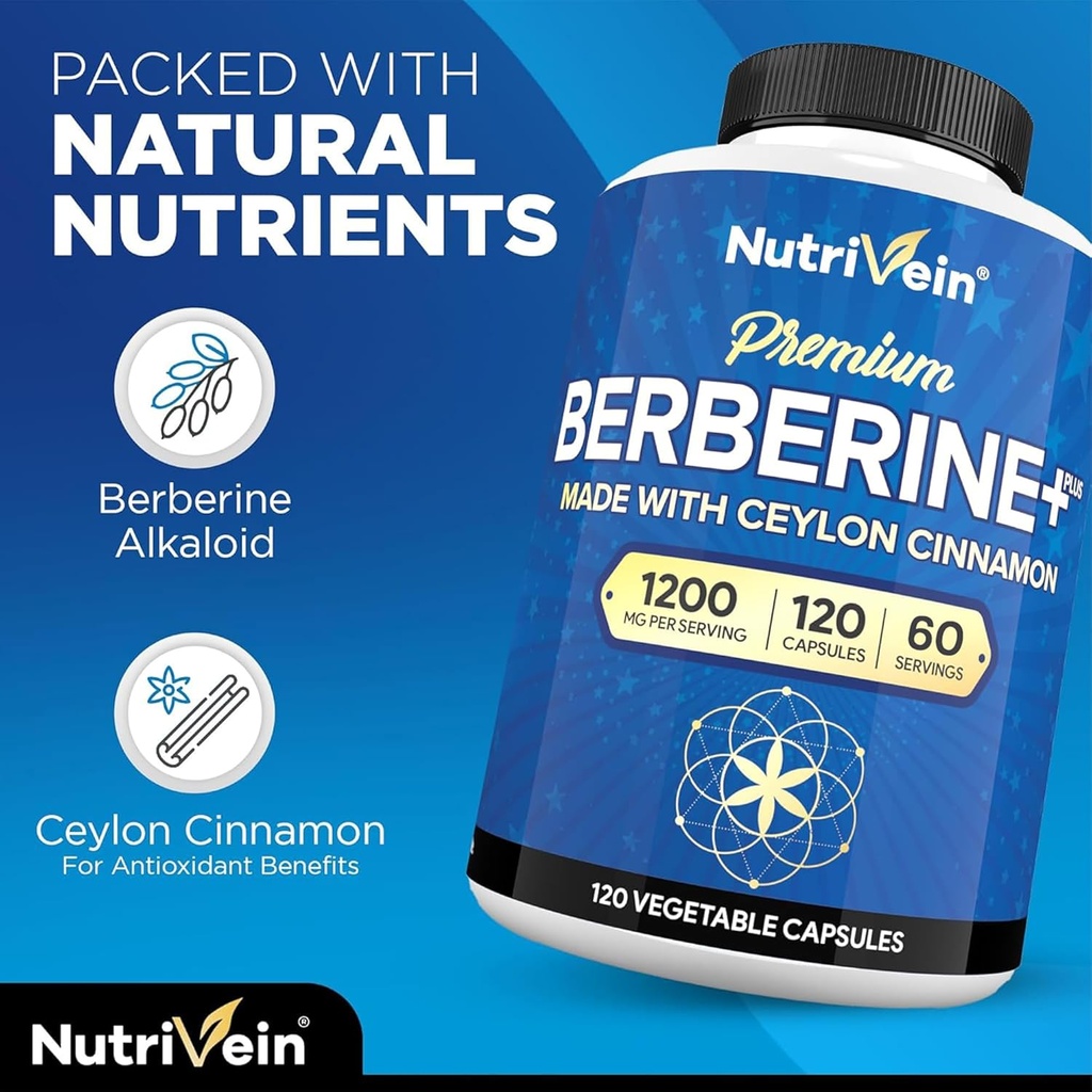 Nutrivein Premium Berberine 1200mg & Citrus Bergamot Extract 1400mg Bundle - Ceylon Cinnamon & 25:1 Bergamia Extract - Weight Management & Immune Support Plus Heart Health - 120 Capsules Each 6
