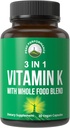 Vitamin K with Whole Food Blend of 25+ Vegetables and Fruits for Max Absorption. Vegan Capsules Supplement. Vitamins K1, K-2 MK4 + K2 Natto MK7. Alternative to Drops, Gummies. VIT K with K 2 and MK-7 2