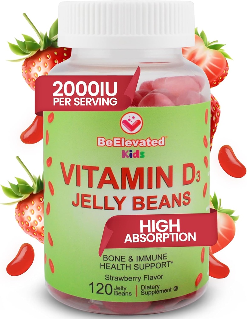 Vitamin D3 Jelly Beans - Chewable Vitamins Gummies for Kids Immune Support - Multivitamin Supplements for Bone & Joint Support - 2,000 IU Vegetarian Gummy - 120 Strawberry Flavor Beans 2