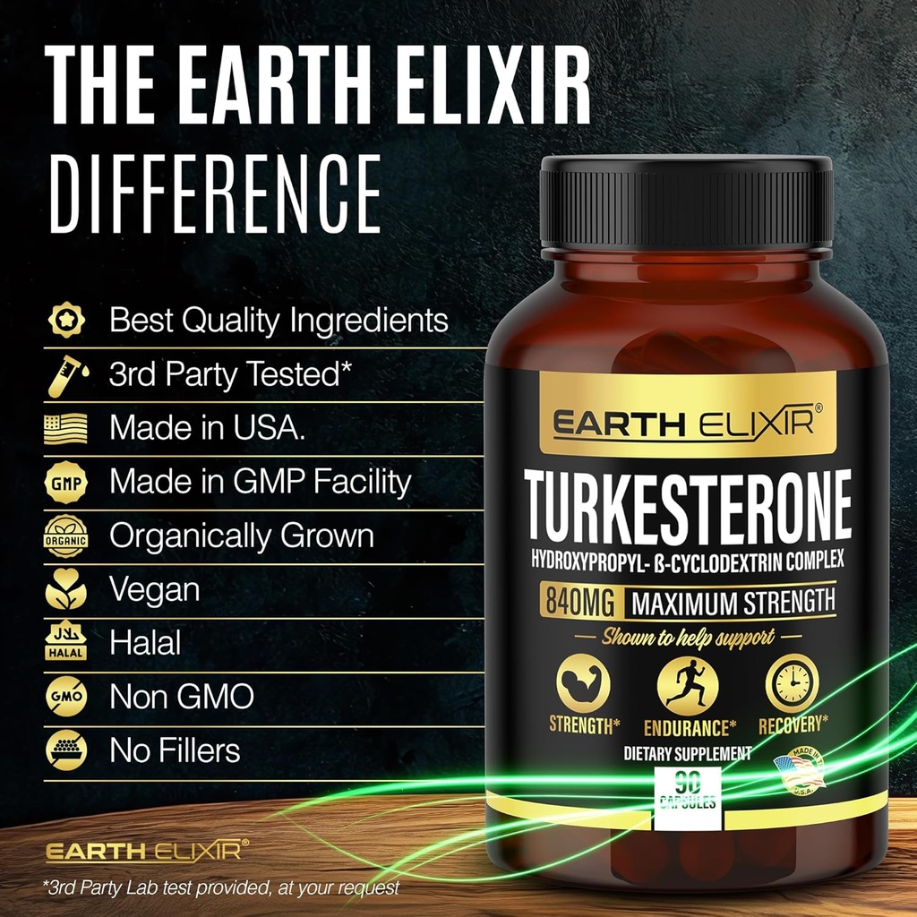 Earth Elixir Turkesterone 840 mg (90 Capsules) – Made in USA - 3rd Party Tested - 100% Pure Turkesterone Supplement for Men & Women - Ajuga Turkestanica Extract - Increase Natural Energy & Strength 6