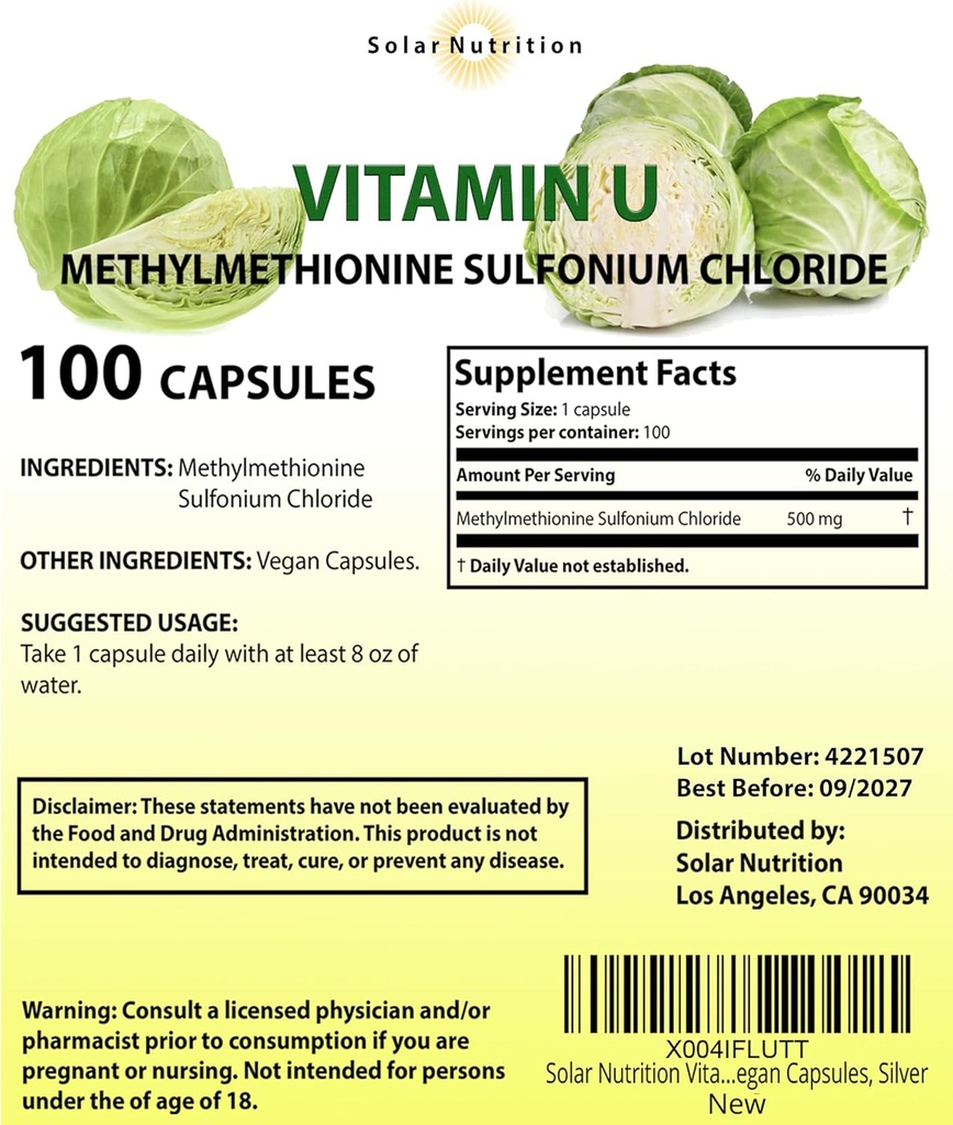 Vitamin U, Methylmethionine Sulfonium Chloride 500 mg, 100 Vegan Capsules, Silver 3