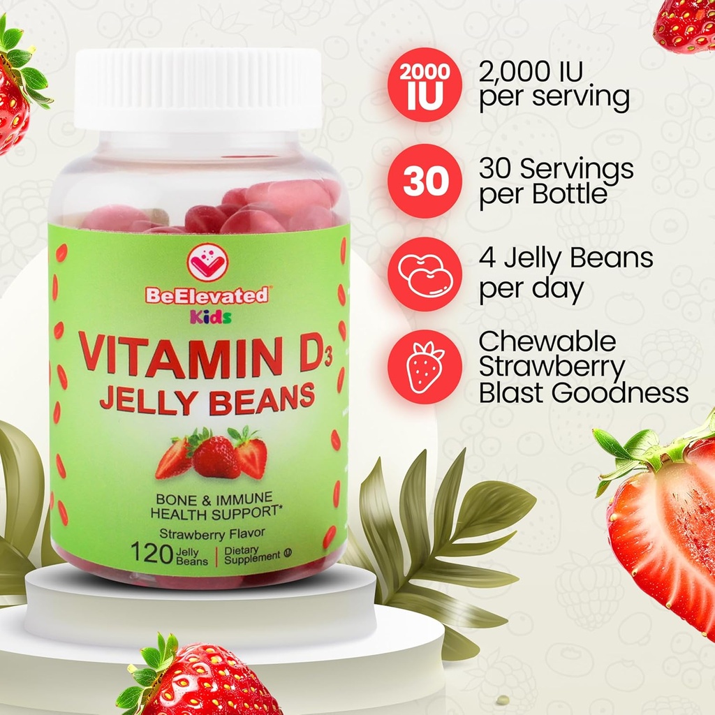 Vitamin D3 Jelly Beans - Chewable Vitamins Gummies for Kids Immune Support - Multivitamin Supplements for Bone & Joint Support - 2,000 IU Vegetarian Gummy - 120 Strawberry Flavor Beans 4