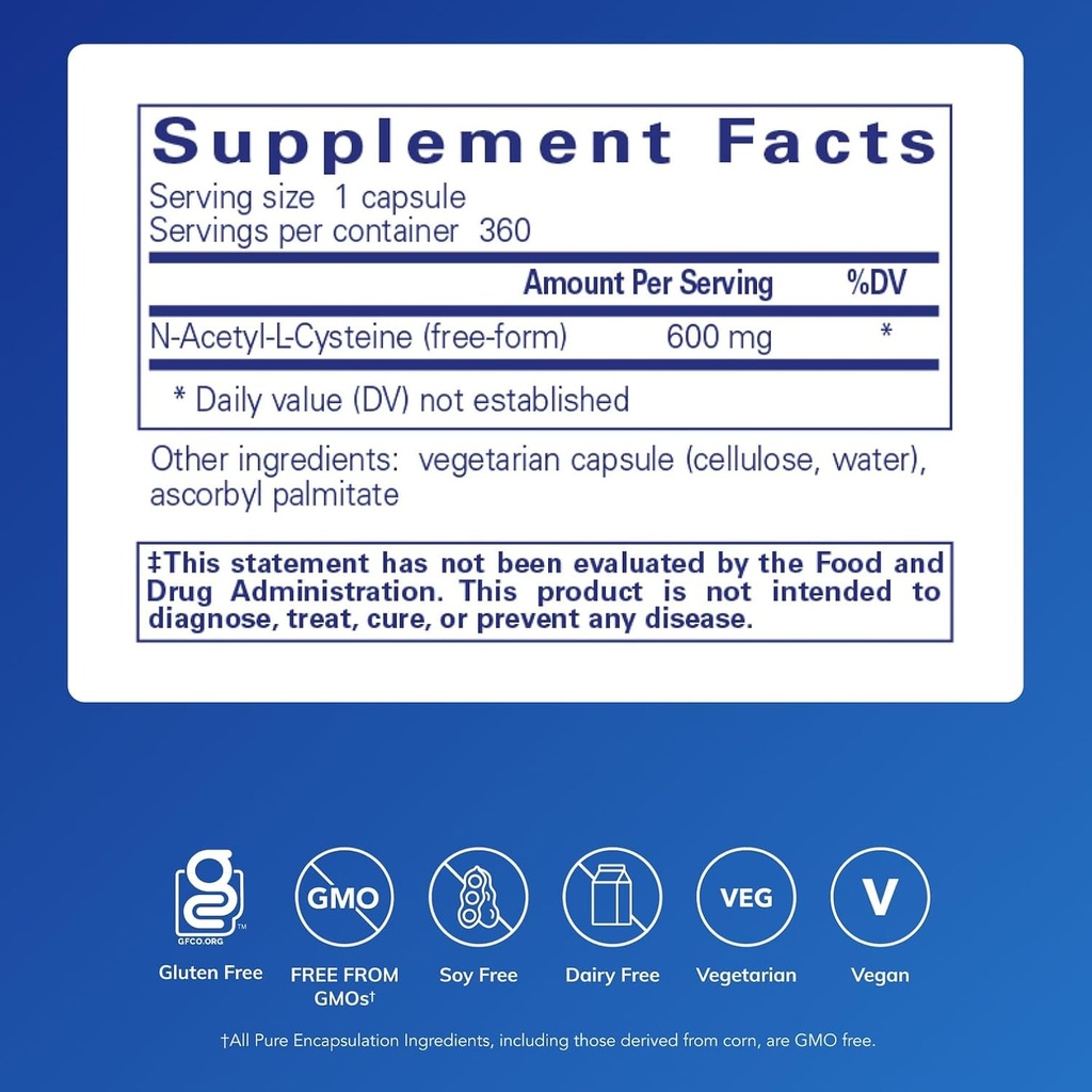 Pure Encapsulations NAC 600 mg - N-Acetyl Cysteine NAC Supplement for Lung Health & Immune Support, Liver Support & Antioxidants* - with Freeform N-Acetyl-L-Cysteine - 360 Capsules 3
