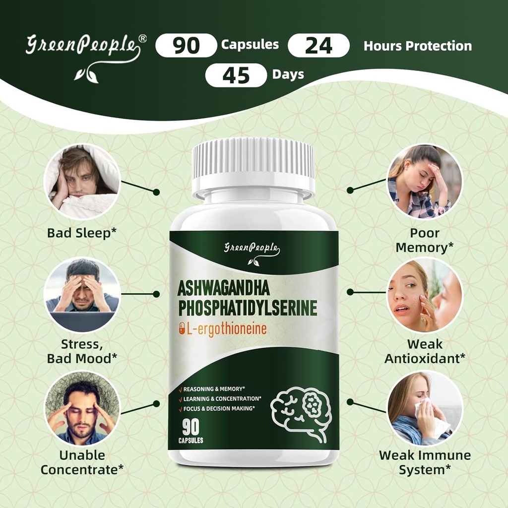 GREENPEOPLE L-Ergothioneine 25MG Complex Capsules - 90 CT 9 in1 Brain Supplement with Ashwagandha & Phosphatidylserine for Reasoning & Memory/Learning & Concentration/Focus 4