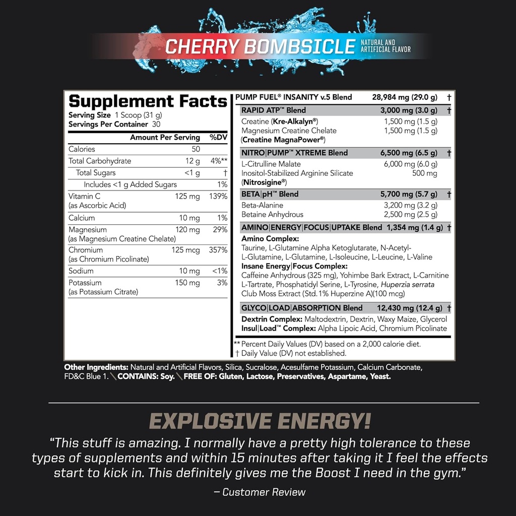 PMD Sports Pump Fuel Ultra Insanity - Premium Pre Workout Powder & Muscle Pump, Greater Focus, Endurance & Recovery, Premium Creatine, Arginine & Beta Alanine - Cherry Bombsicle (30 Servings) 3