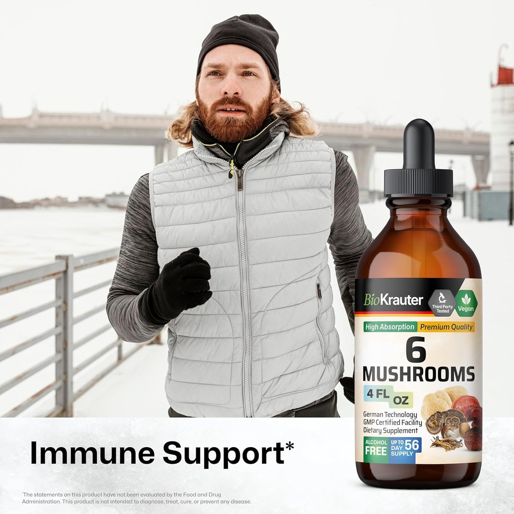 BIO KRAUTER 6 Mushrooms Supplement 6-in-1 - Lions Mane, Shiitake,Turkey Tail, Cordyceps, Reishi & Chaga Liquid Extract - Mushroom Complex Tincture - Vegan Drops 4 Fl.Oz. 3