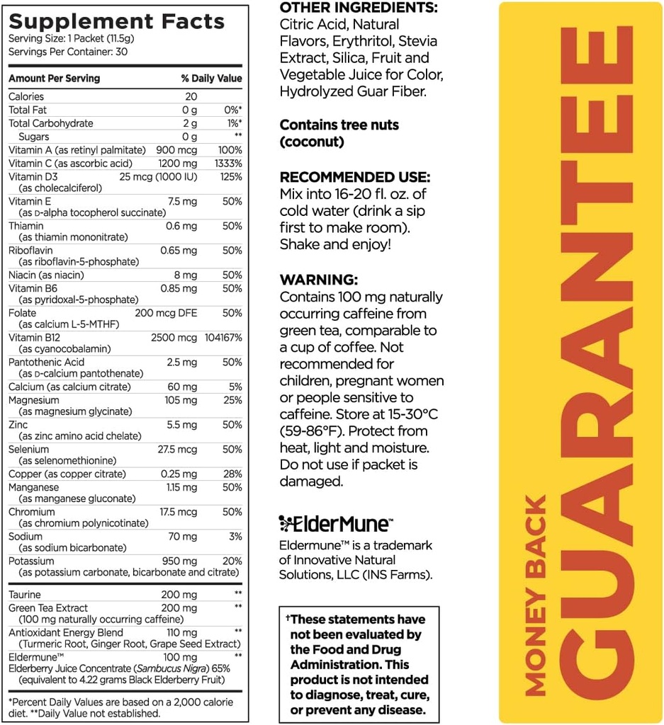 Pureboost Immune Clean Energy Booster, Refreshing Energy Drink Mix and Immunity Supplement with Elderberry, 1,200 mg Vitamin C, Vitamins A + D, and Zinc. (Tropical Spark, 30 Count) 3