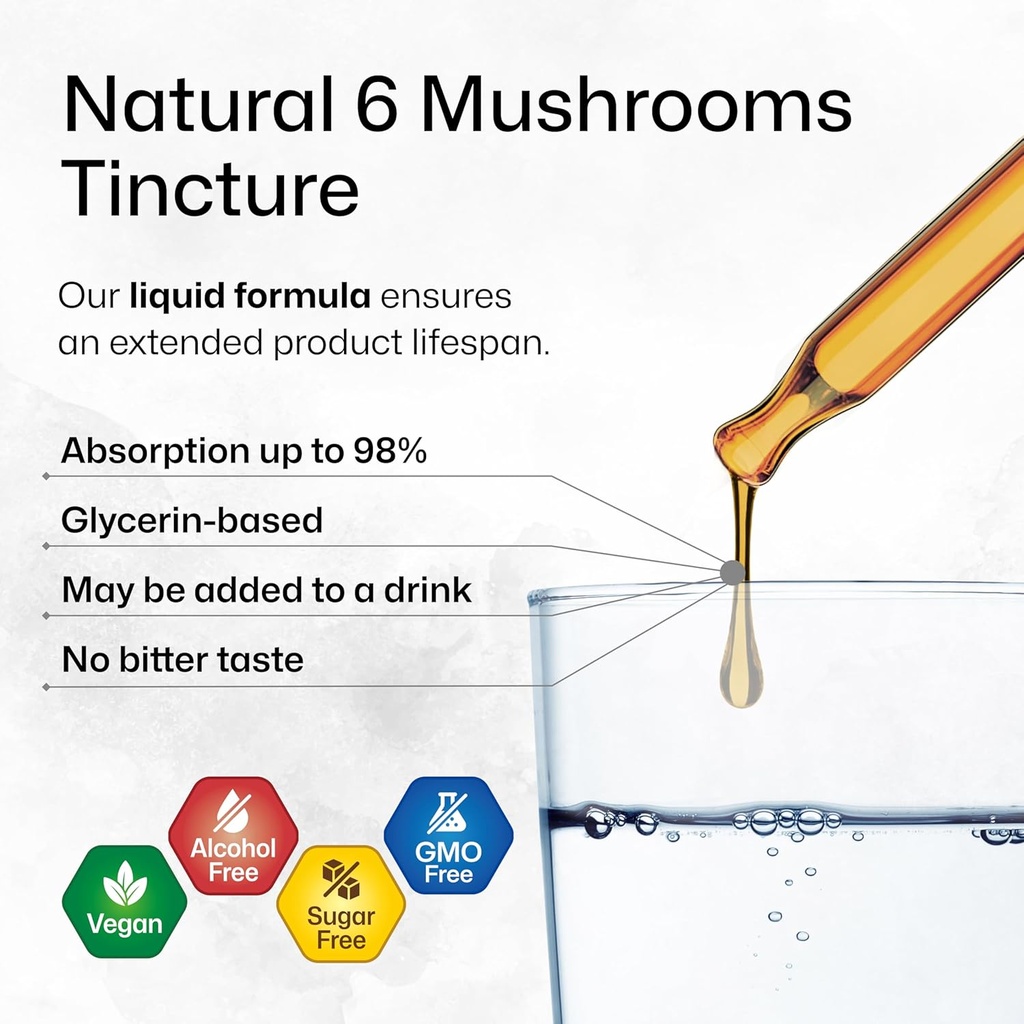 BIO KRAUTER 6 Mushrooms Supplement 6-in-1 - Lions Mane, Shiitake,Turkey Tail, Cordyceps, Reishi & Chaga Liquid Extract - Mushroom Complex Tincture - Vegan Drops 4 Fl.Oz. 5