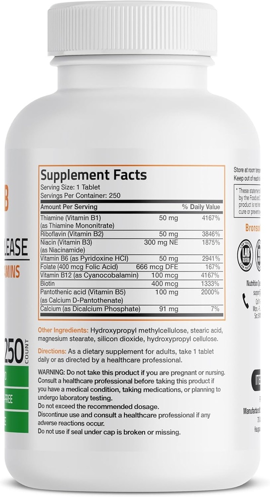 Bronson Super B Vitamin B Complex Sustained Slow Release (Vitamin B1, B2, B3, B6, B9 - Folic Acid, B12) Contains All B Vitamins 250 Tablets 3
