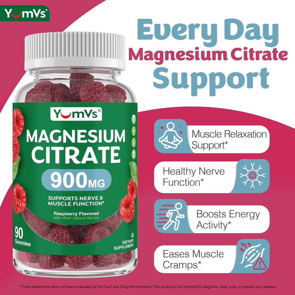 YUM-V'S Magnesium Citrate Gummies – 900mg Highly Absorbable Magnesium Gummies for Women & Men to Support Nerve, Muscle & Enzyme Function – Gluten-Free, Kosher & Raspberry Flavor (90 Count) 3