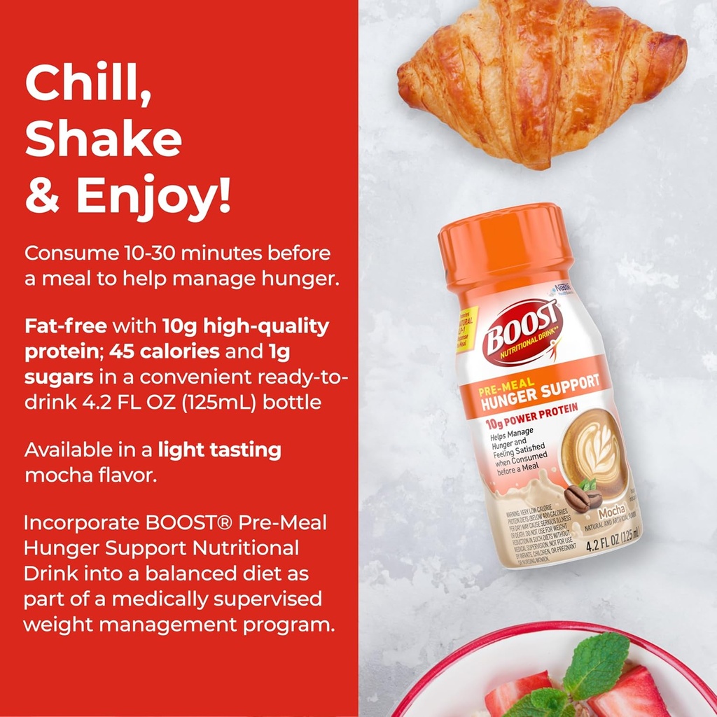 BOOST Pre-Meal Hunger Support Nutritional Drink, Promotes Natural GLP-1 Response to a Meal, 10g Whey Protein, 45 Calorie, Ready-to-Drink & Fat-Free, Mocha Flavor, 4.2 FL OZ (125mL) Bottle (4 Pack) 4
