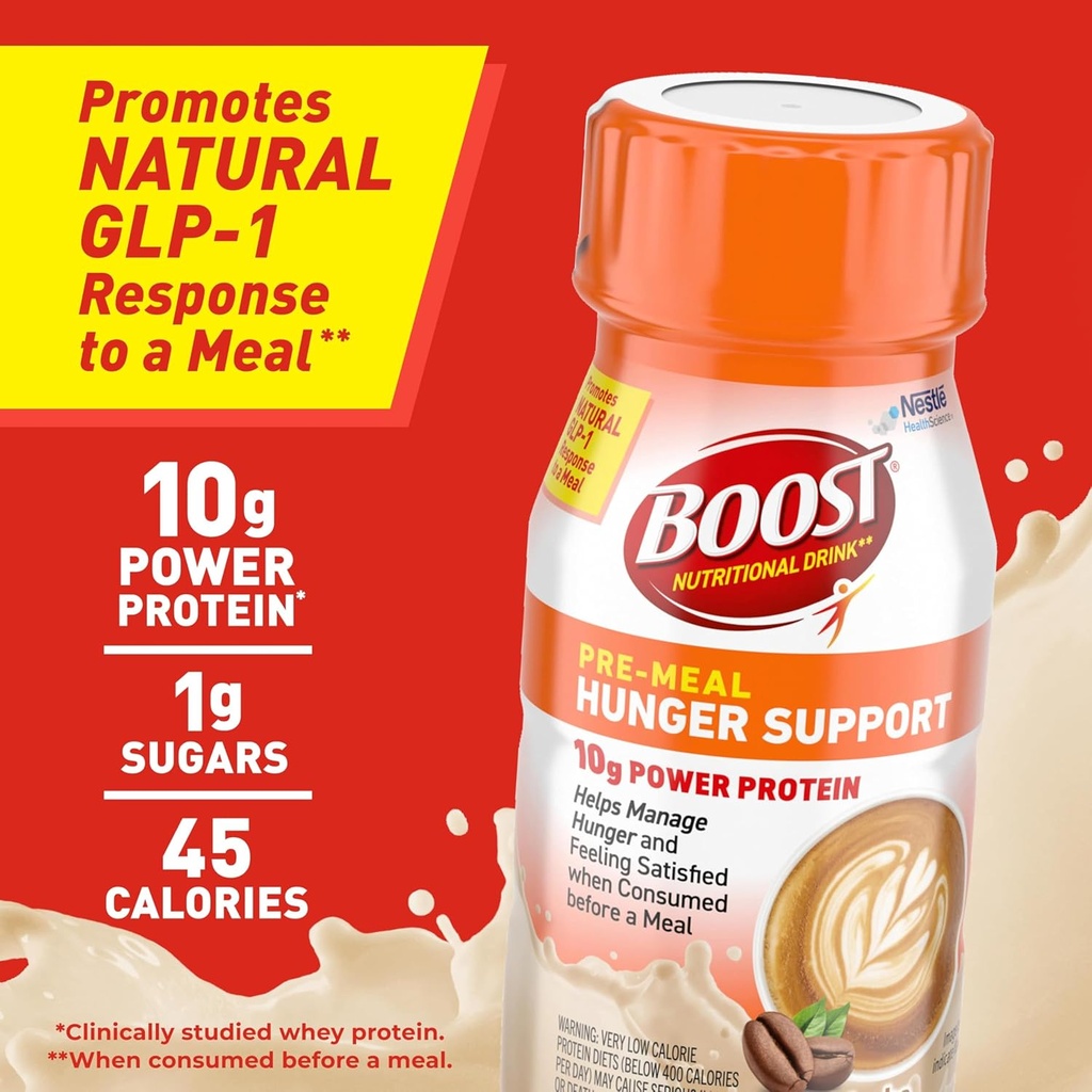 BOOST Pre-Meal Hunger Support Nutritional Drink, Promotes Natural GLP-1 Response to a Meal, 10g Whey Protein, 45 Calorie, Ready-to-Drink & Fat-Free, Mocha Flavor, 4.2 FL OZ (125mL) Bottle (4 Pack) 6