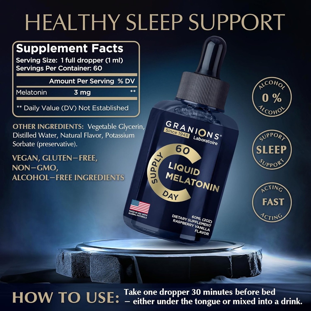 Liquid Melatonin 3mg - Liquid Sleep Aid for Adults & Kids 6 Years and Up - Sublingual Melatonin Drops for Quick Sleep and Refreshing Rest for Longer - 60ml 60 Days Raspberry Vanilla Flavor Melatonina 6