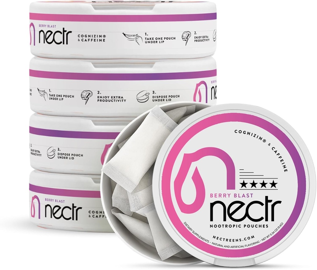 Nectr Energy Nootropic Pouches – Berry Blast Flavored, Caffeine Pouches with Cognizin® Citicoline. Sugar-Free Brain Treats. Smooth, Sustained Focus & Energy Supplement - 5 Pucks of 16pcs 2