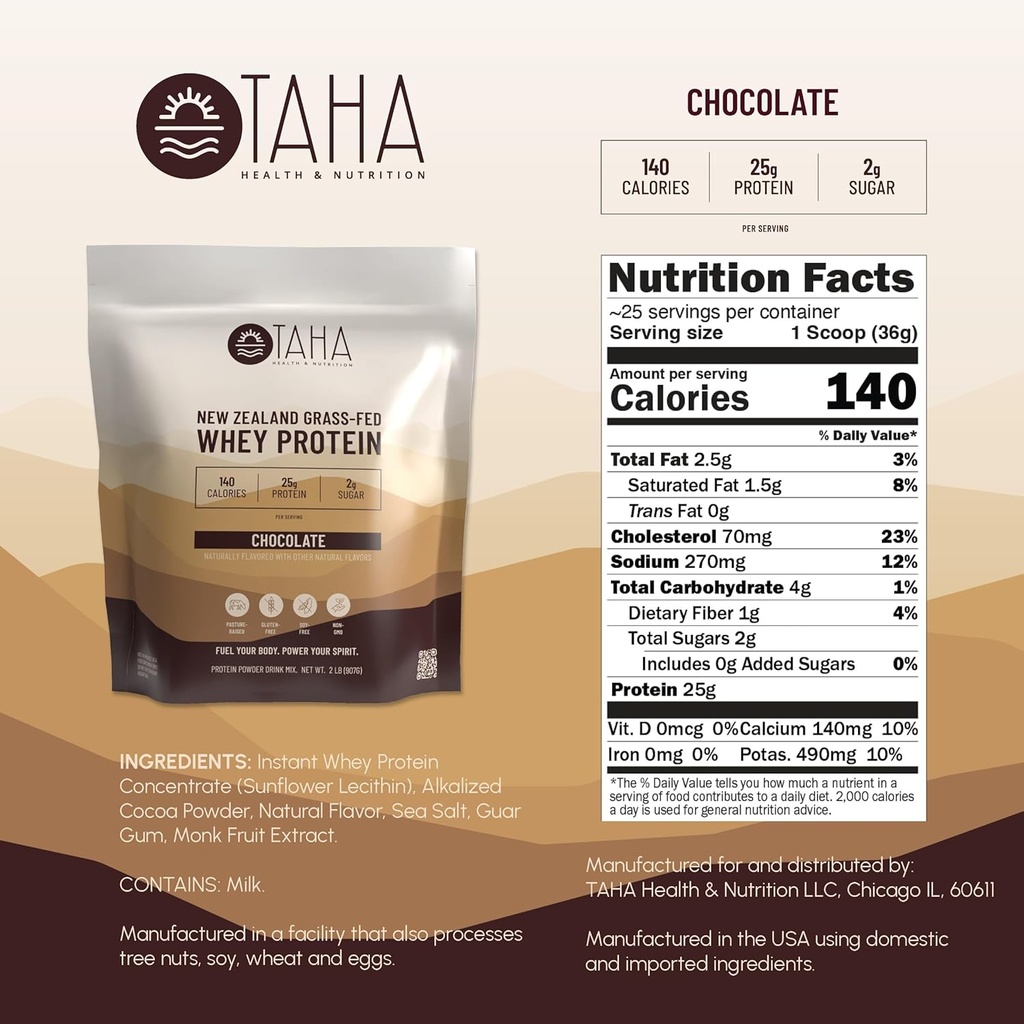 Taha Health & Nutrition Chocolate Flavored Whey Protein Concentrate Powder, 25g Protein, 140 Calories, 2g Sugar | New Zealand Grass-Fed, Free-Range Dairy | Gluten and Soy Free, Keto, Kosher | 2LB 3