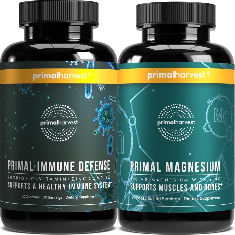 Magnesium Supplement & Immune Defense Supplements for Women and Men by Primal Harvest - Joint Support Capsules and Probiotic + Zinc + Vitamin Complex Pills Bundle 2