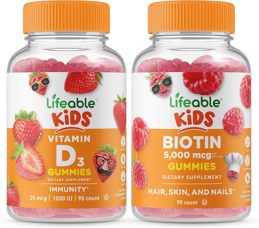 Lifeable Vitamin D Kids + Biotin Kids, Gummies Bundle - Great Tasting, Vitamin Supplement, Gluten Free, GMO Free, Chewable Gummy 2