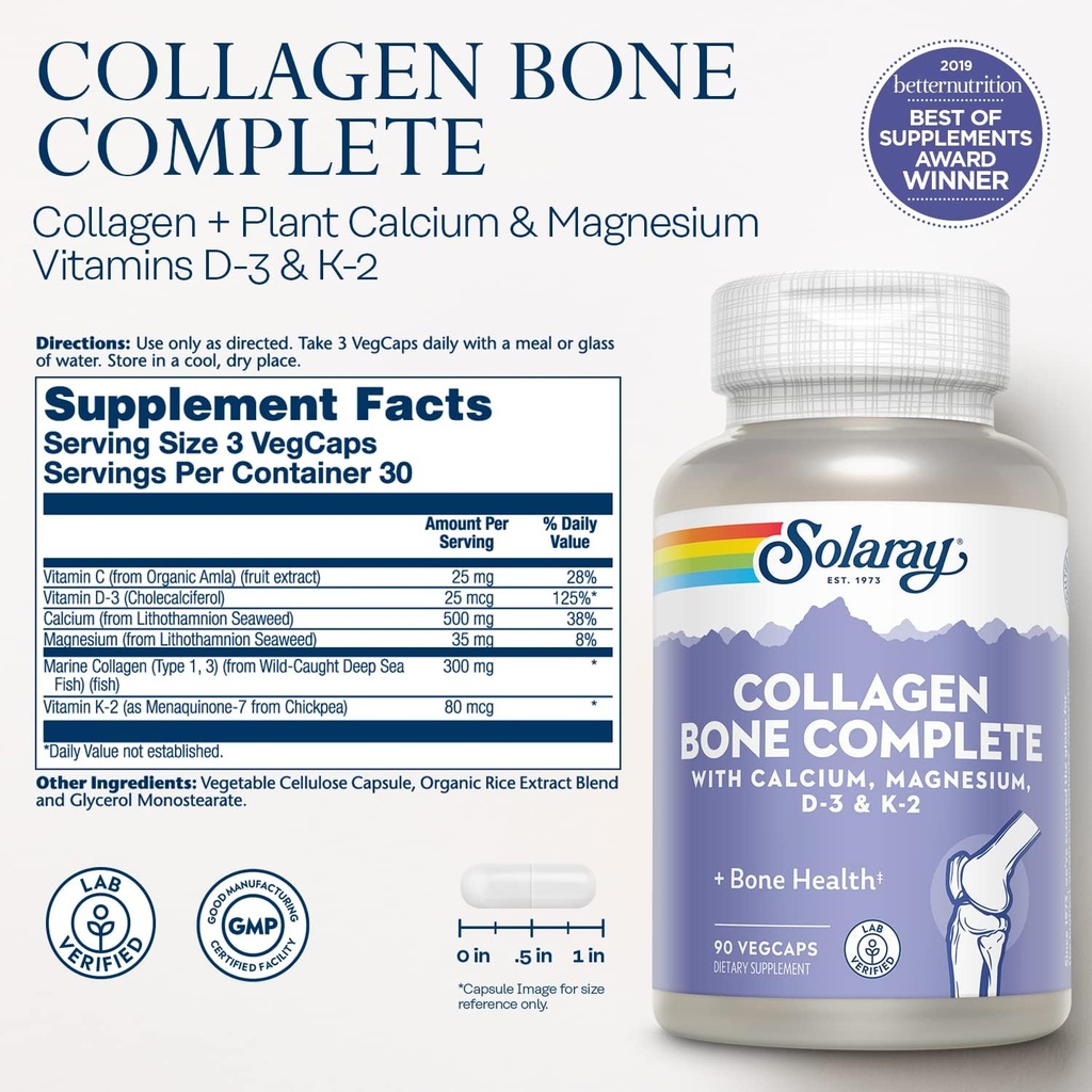 SOLARAY Collagen Bone Complete | Advanced Bone Matrix Formula with Plant Calcium & Magnesium | 30 Servings | 90 VegCaps 4