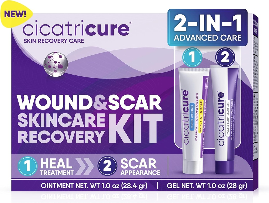 Cicatricure Skin Recovery Kit: Advanced Scar Gel & Open Wound Care Antibiotic Ointment, Reduces Stretch Marks, Surgical & Acne Scars, Treats Cuts & Burns, 1 oz Each - for Adults & Kids 2