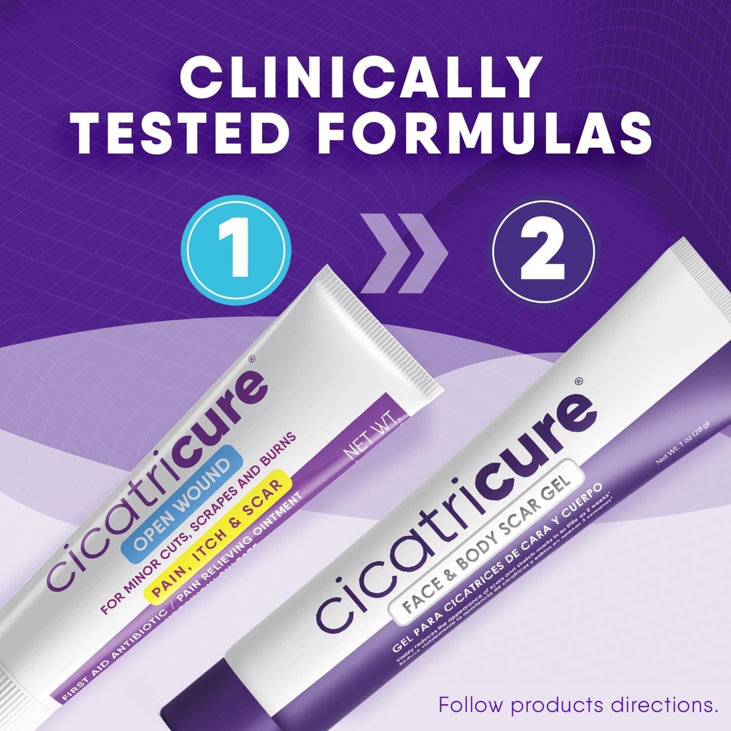 Cicatricure Skin Recovery Kit: Advanced Scar Gel & Open Wound Care Antibiotic Ointment, Reduces Stretch Marks, Surgical & Acne Scars, Treats Cuts & Burns, 1 oz Each - for Adults & Kids 3
