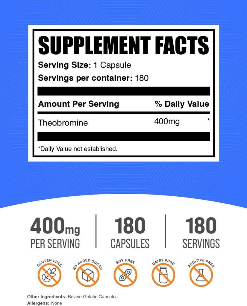 BulkSupplements.com Theobromine Capsules - Theobromine Supplement, Nootropic Supplement, Theobromine 400mg - Brain & Energy Support - Gluten Free, 1 Capsule per Serving, 180 Capsules 3