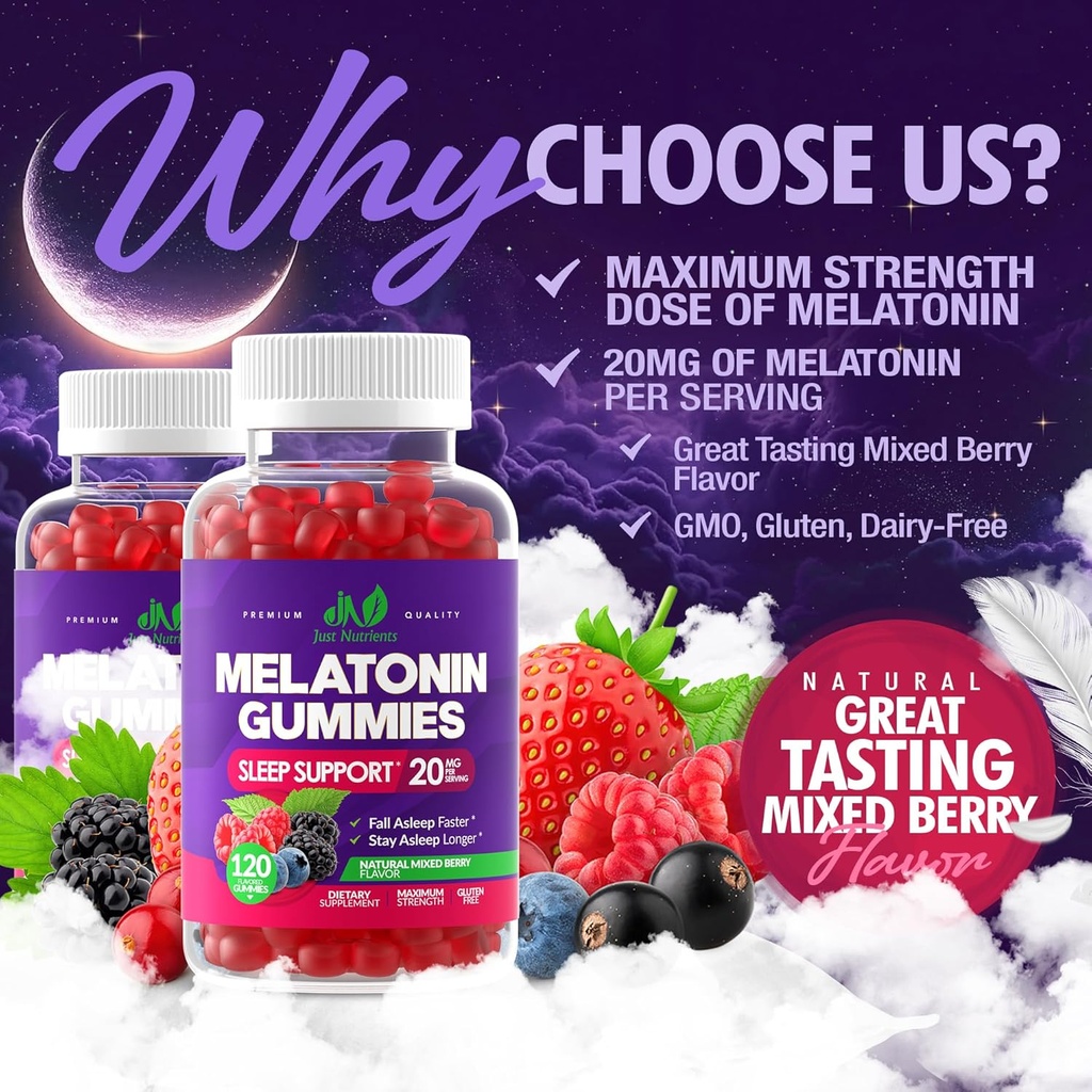Melatonin 20mg Gummies for Adults (120 Count) - High Potency Sleep Support with 10mg of Melatonin Per Gummy - Gluten-Free, Non-GMO, Vegetarian, Great Tasting Mixed Berry Flavor - 60 Servings 3
