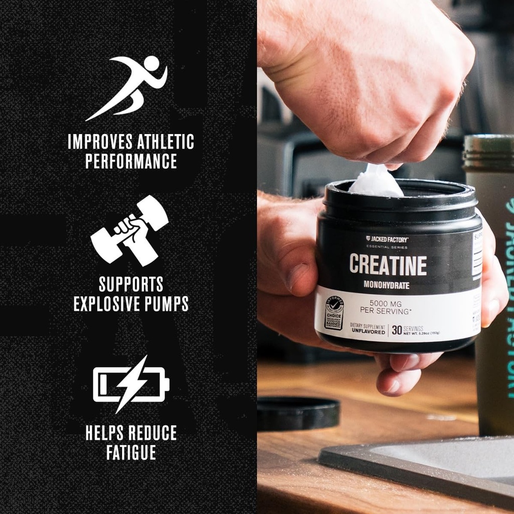 Jacked Factory Creatine Monohydrate Powder 150g - 5g Daily Creatine Supplement for Men and Women, Vegan-Friendly, Third-Party Tested - 30 Servings, Unflavored 6