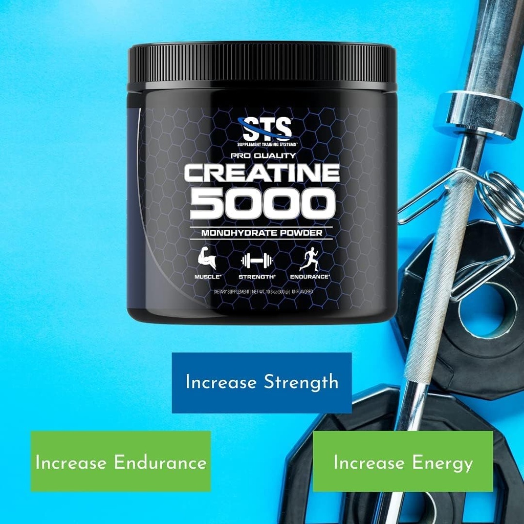 STS Creatine 300 Grams - 100% Pure Raw Creatine Monohydrate Powder, Pre-Workout, Post-Workout, Build Muscle and Stamina - 60 Servings - with Scoop 5