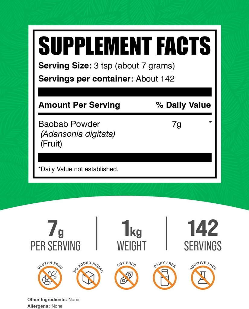 BulkSupplements.com Baobab Fruit Powder - Baobab Supplement, Antioxidant Supplement - Gluten Free, 7g per Serving, 100g (3.5 oz) (Pack of 1) 3