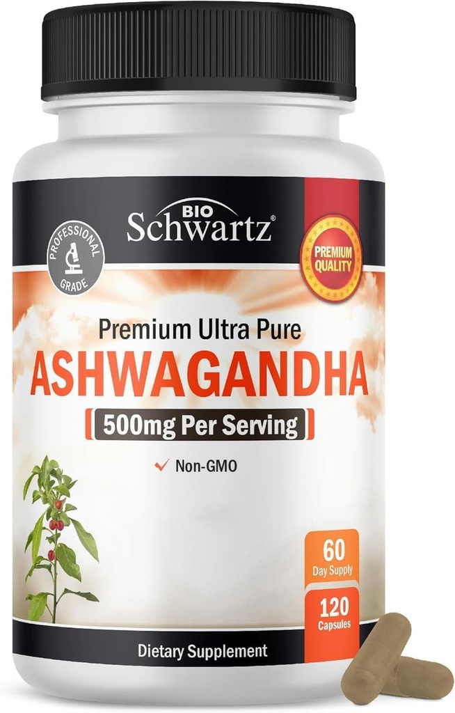 BioSchwartz Ashwagandha Supplements - Extra Strength Ashwagandha Capsules 500mg Per Serving - Gluten Free, Non-GMO, Made in The USA with Globally Sourced Ingredients, 60 Servings (120 Count) 2
