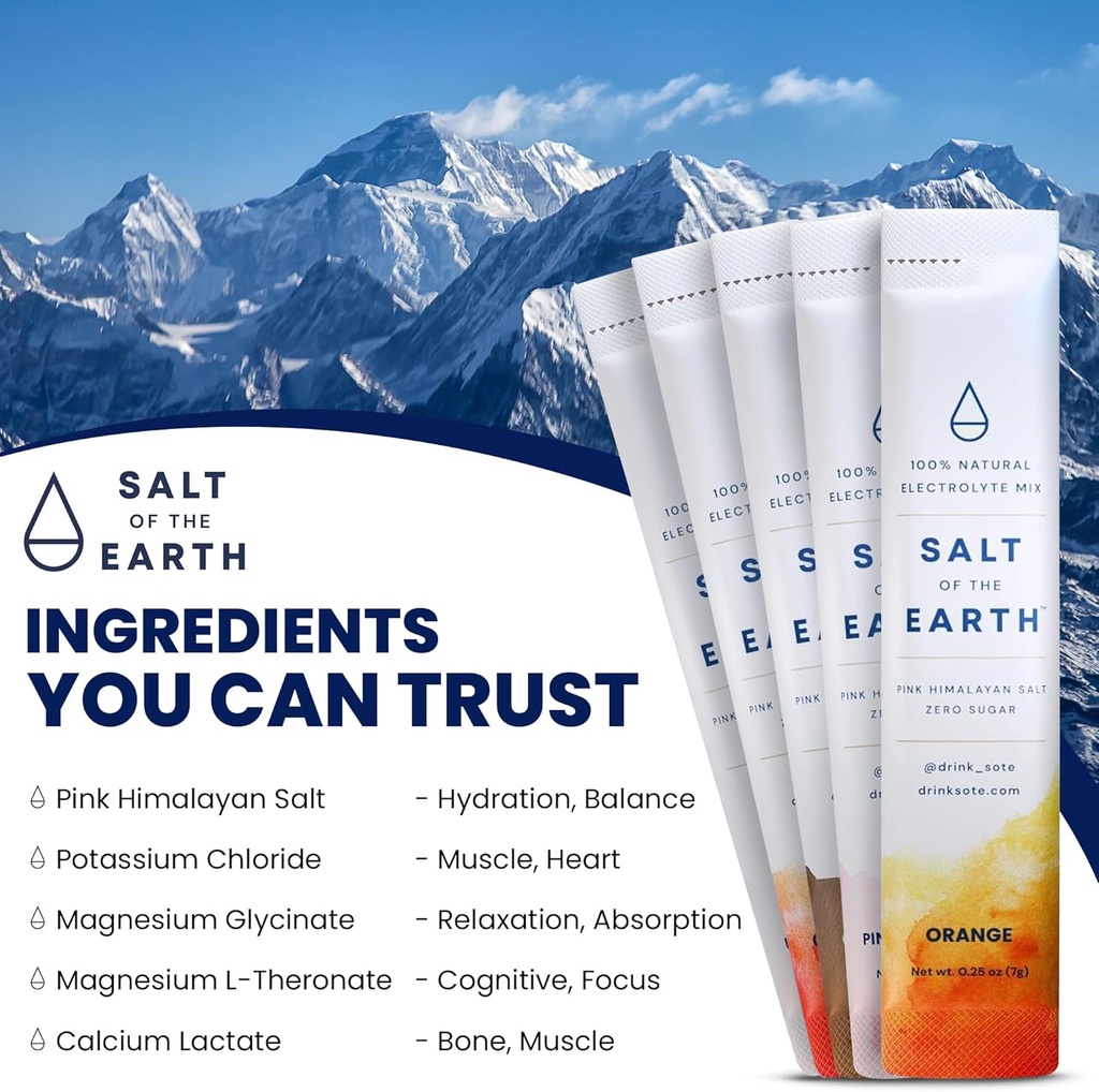 Salt of the Earth Premium Zero-Sugar Electrolyte - Made with Pink Himalayan Salt - Hydration Powder Packets | Premium Ingredients | Keto & Paleo Friendly | 12 Sticks, Orange 6