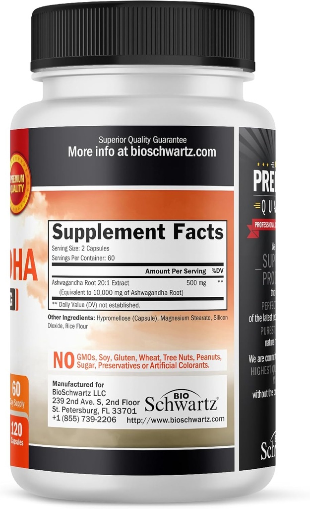 BioSchwartz Ashwagandha Supplements - Extra Strength Ashwagandha Capsules 500mg Per Serving - Gluten Free, Non-GMO, Made in The USA with Globally Sourced Ingredients, 60 Servings (120 Count) 3