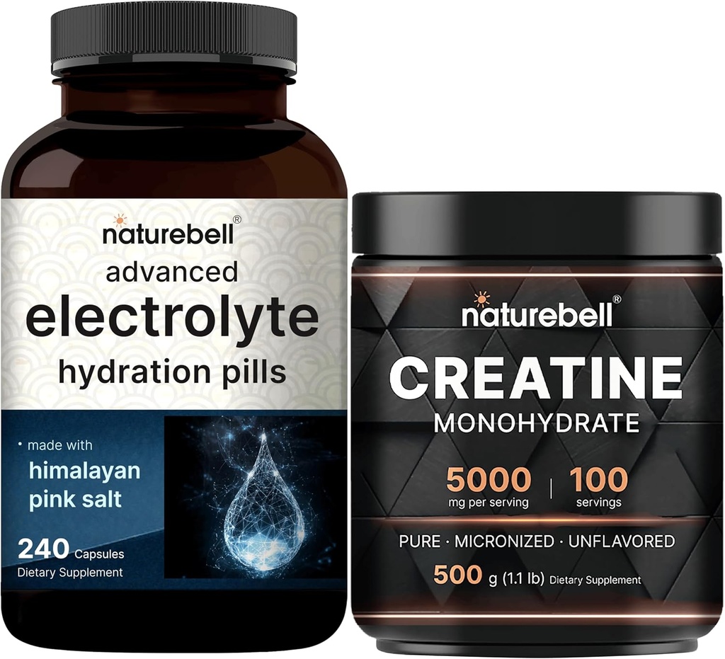 NatureBell Creatine Monohydrate Powder & & Advanced Electrolyte Hydration Pills Bundle Pack | High Absorption Micronized Creatine | Fast Hydrating Keto Electrolytes 2