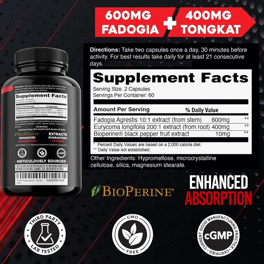 Ultra Concentrated 86,000mg Fadogia Agrestis Tongkat Ali Blend – 200:1 Tongkat Ali + 10:1 Fadogia Agrestis + Bioperine - Maximum Strength Blend for Athletic Performance & Muscle Mass - 120 V-Caps 3
